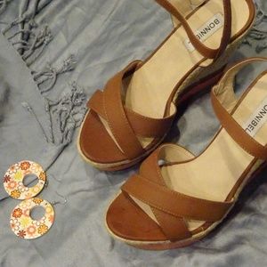 Strappy brown woven wedge sandals